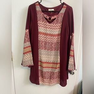 entro Burgundy Patterned Long Sleeve Tunic Dress with Ring Detail